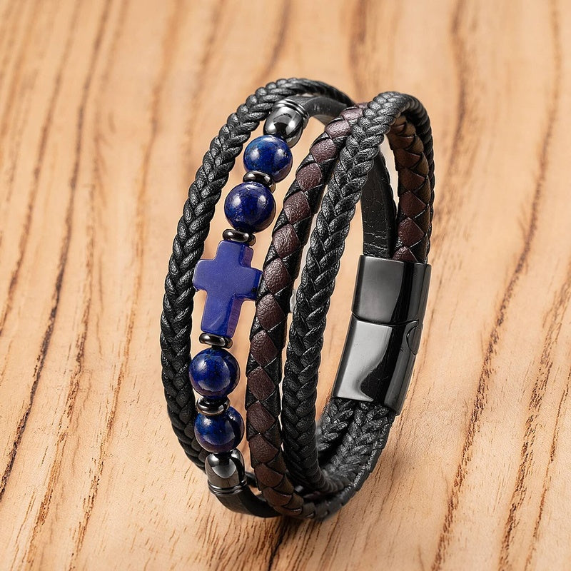Black Braided Leather Bracelet with Green Jade Beads - Stylish Multi-Layer Magnetic Clasp Jewelry for Casual Wear and Gifts Style-D