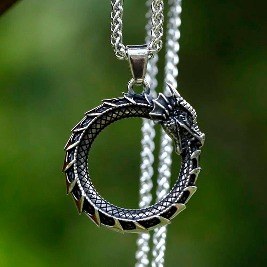 Ouroboros Dragon Pendant Necklace – Silver Dragon Ring Amulet