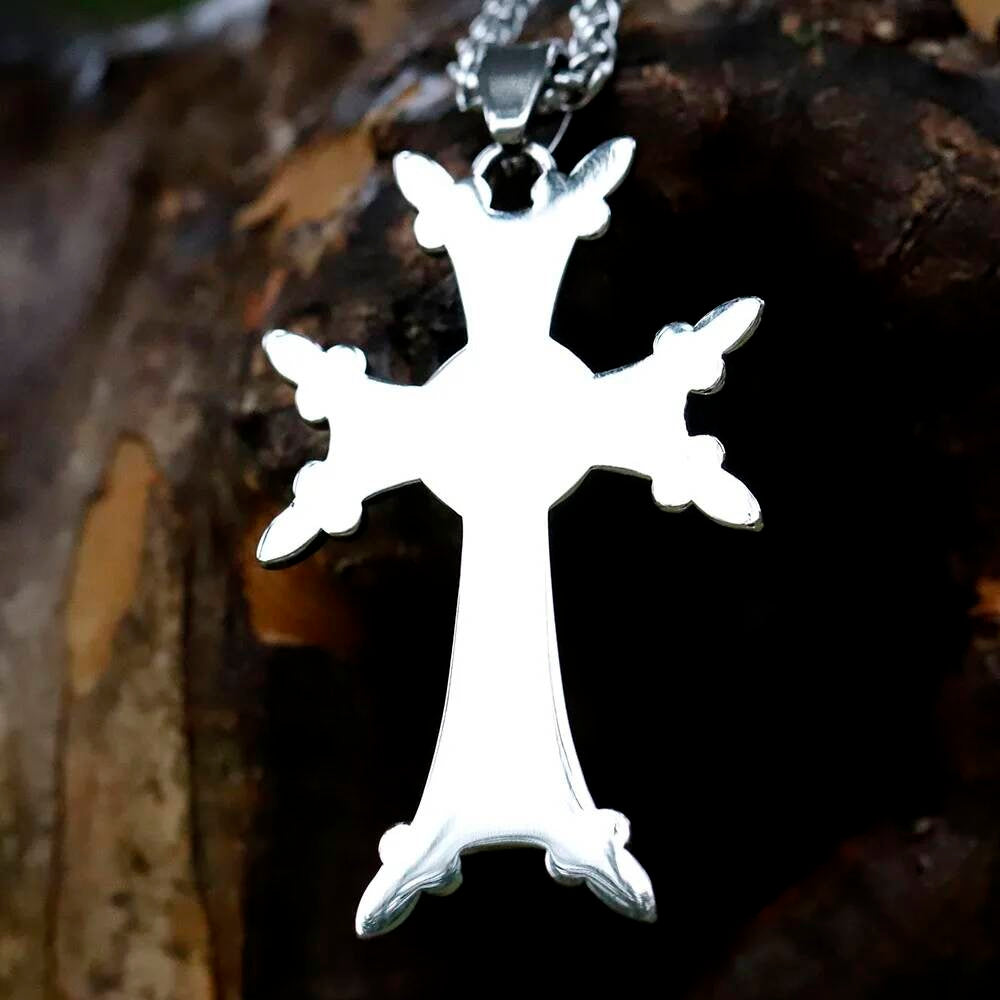 Celtic Cross Pendant Necklace - Stainless Steel Cross with Intricate Celtic Knot and Church Symbol