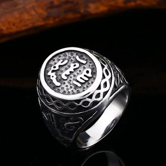 Vintage Arabic Script Stainless Steel Signet Ring for Men