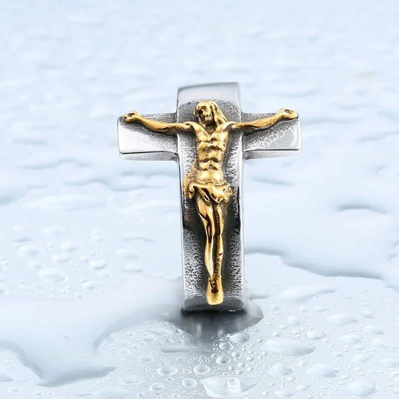 Vintage Jesus Cross Ring – 316L Stainless Steel Punk Faith Band