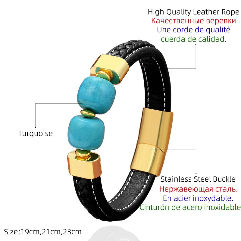 Black Braided Leather Bracelet with Green Jade Beads - Stylish Multi-Layer Magnetic Clasp Jewelry for Casual Wear and Gifts