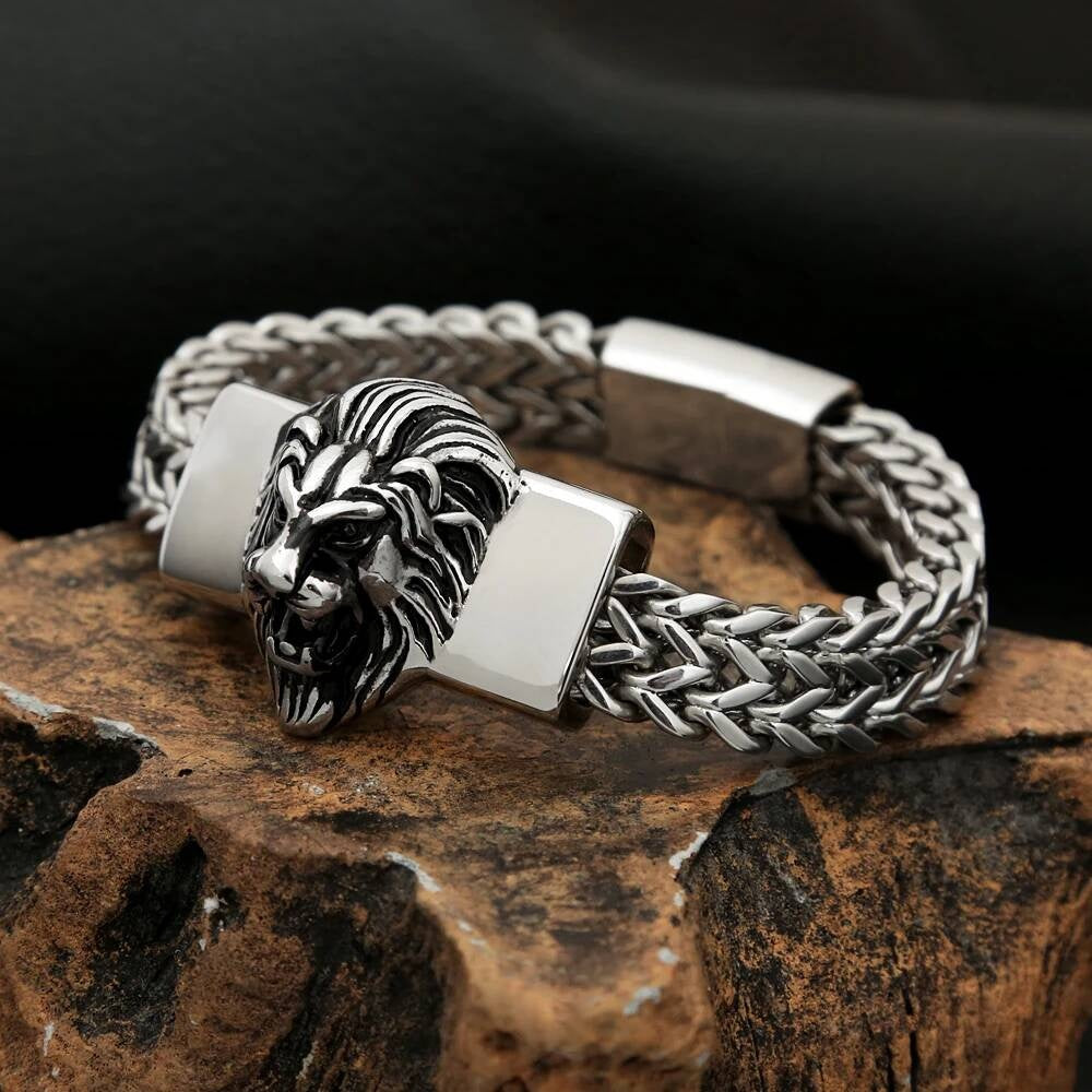 Lion Head Stainless Steel Chain Bracelet – Bold King of the Jungle Jewelry