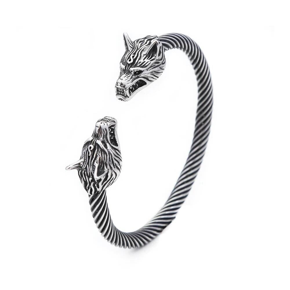 Viking Wolf Head Cuff Bracelet – Twisted Steel Norse Armring Style A