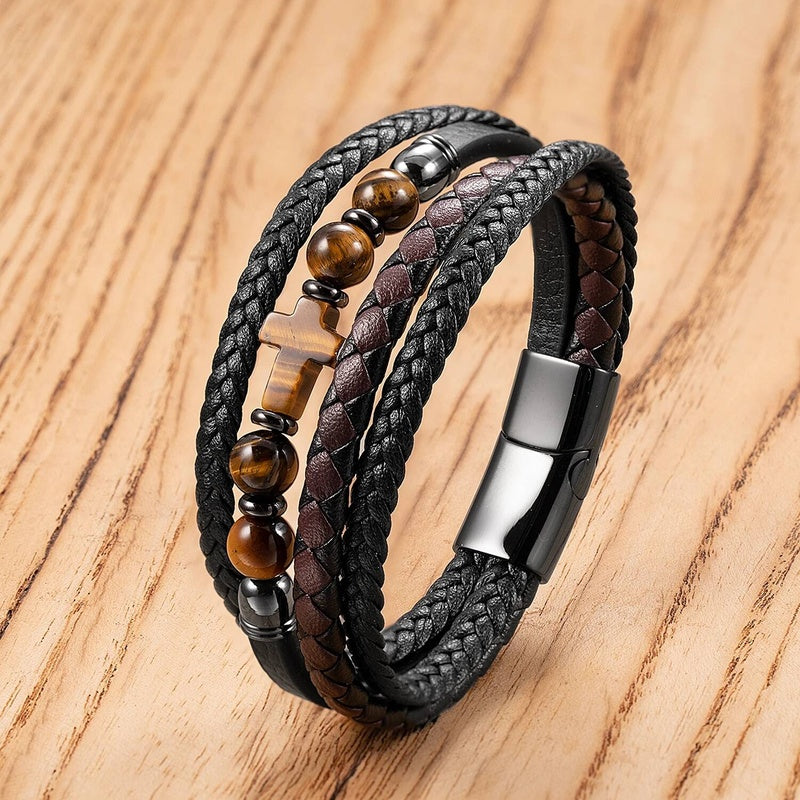 Black Braided Leather Bracelet with Green Jade Beads - Stylish Multi-Layer Magnetic Clasp Jewelry for Casual Wear and Gifts Style-B