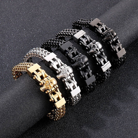 12mm Mens Biker Skull Bracelet With Mesh Chain Stainless Steel Trendy Punk Jewelry