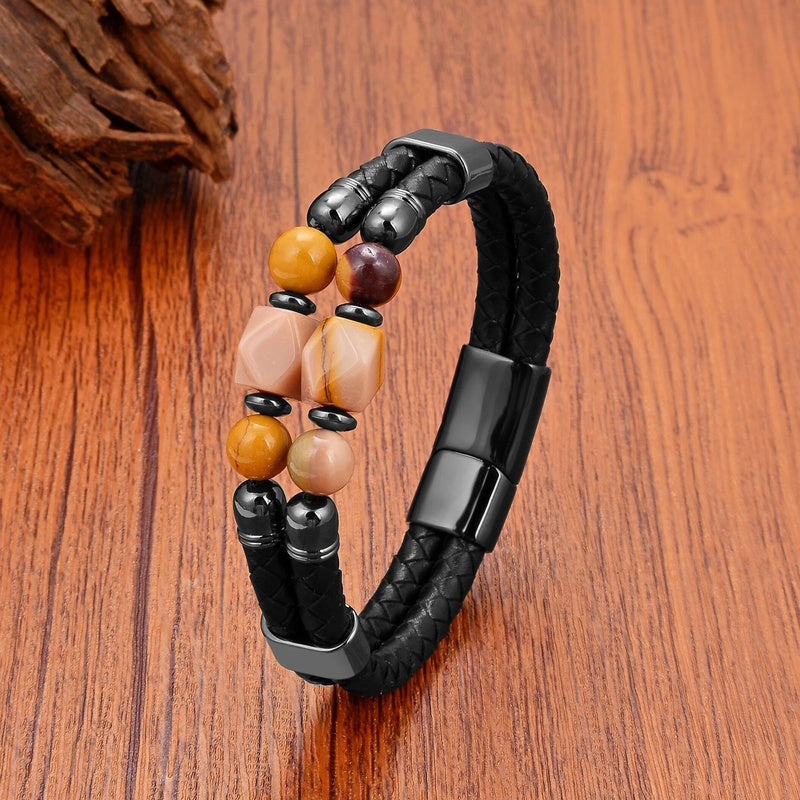 Black Braided Leather Bracelet with Green Jade Beads - Stylish Multi-Layer Magnetic Clasp Jewelry for Casual Wear and Gifts Natural Stone