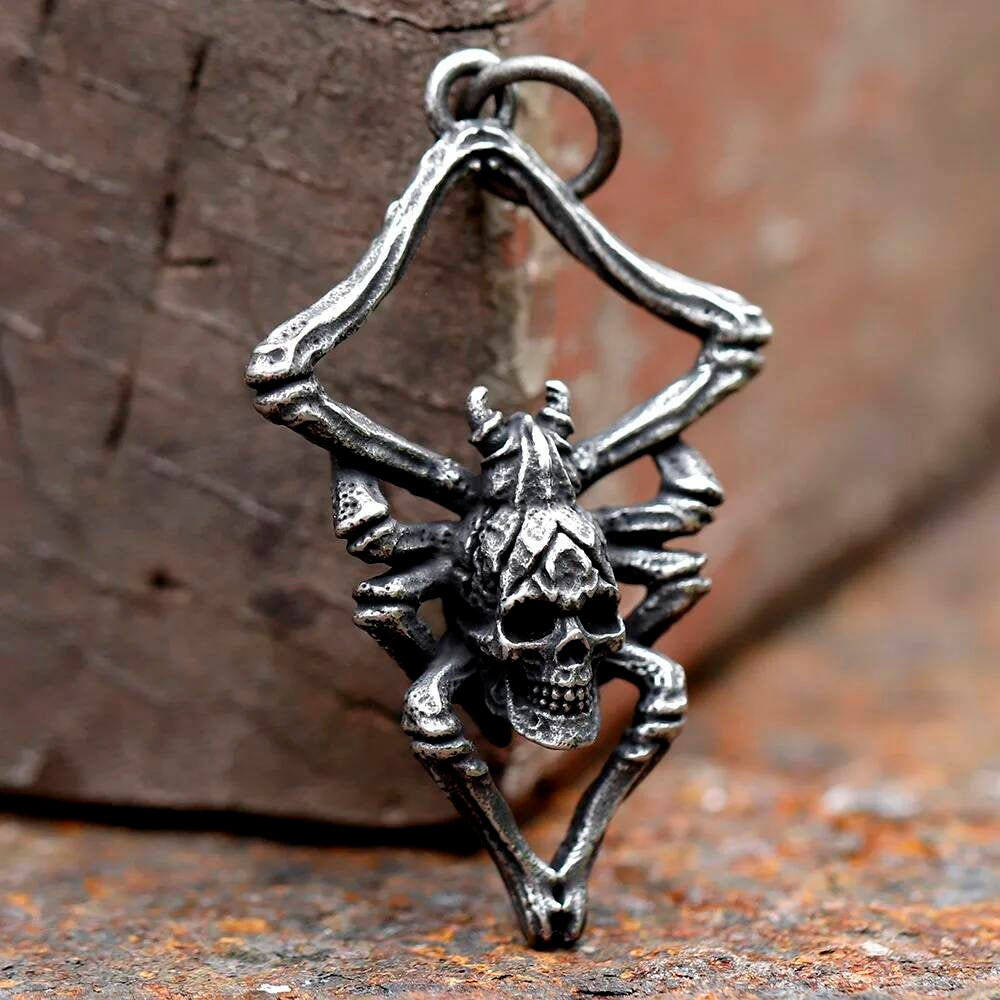 Gothic Skull Spider Pendant Necklace – Stainless Steel Dark Symbolic Jewelry