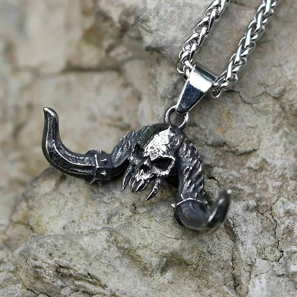 Skull with Horns Pendant Necklace, Gothic Silver Jewelry with Winged Design