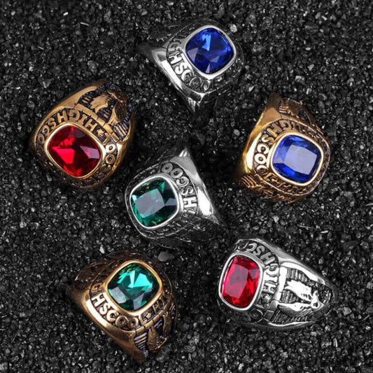 Rhinestone High School Ring - Stainless Steel Vintage Inspired Class Jewelry