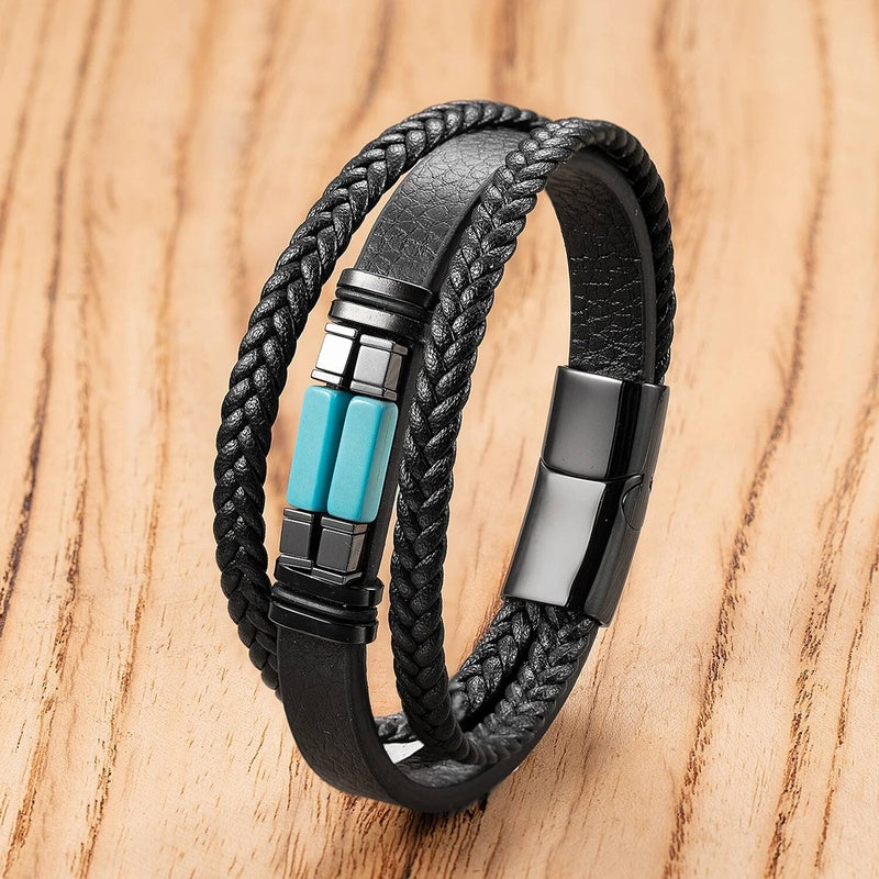 Black Braided Leather Bracelet with Green Jade Beads - Stylish Multi-Layer Magnetic Clasp Jewelry for Casual Wear and Gifts Style-G