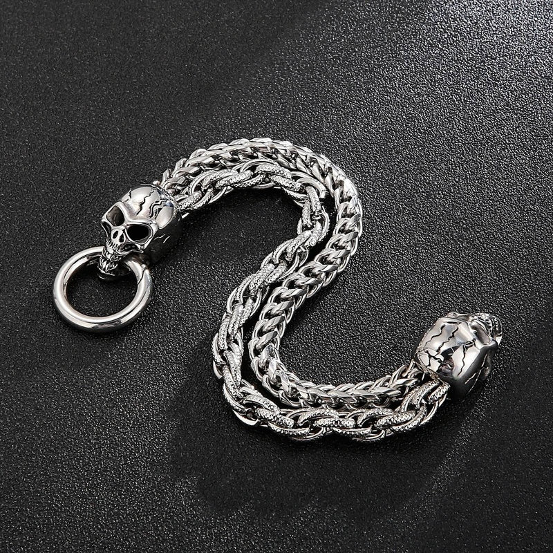 Punk Double Layer Chain Bracelet Men Stainless Steel Evil Skull Ghost Wristband Jewelry