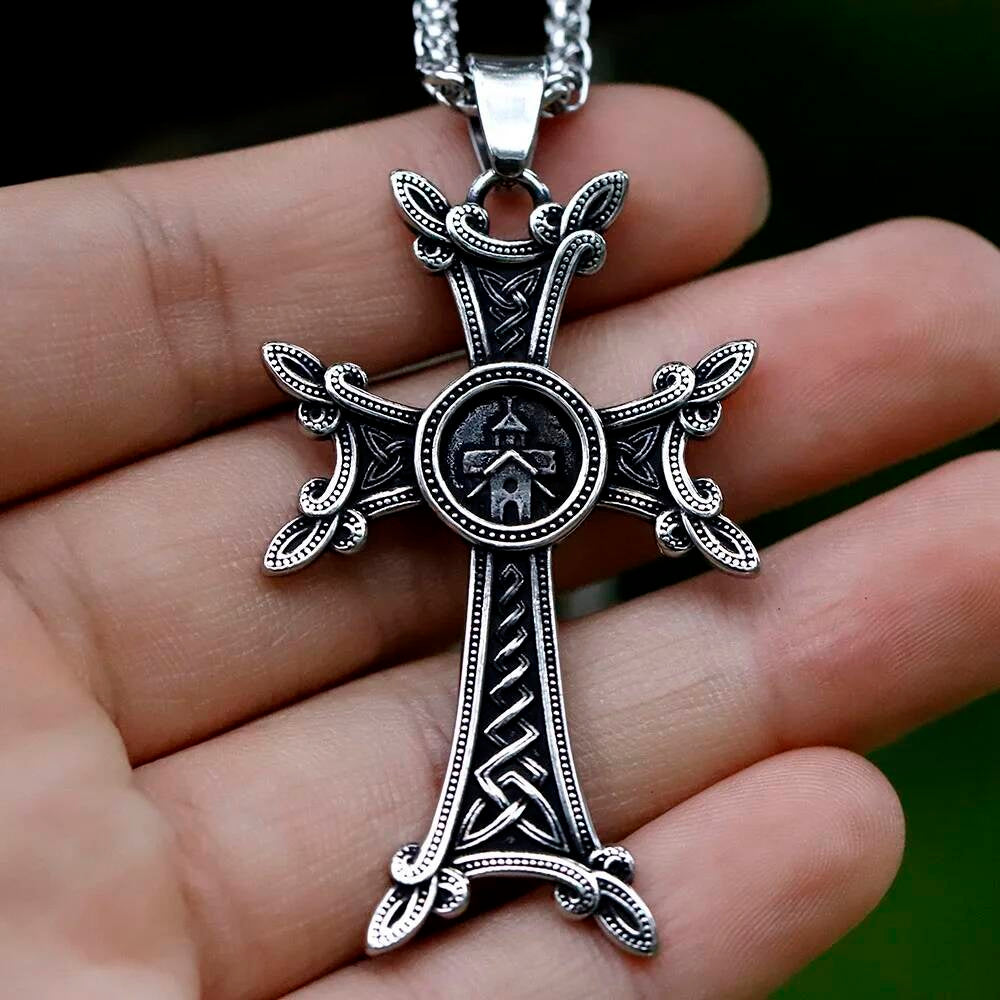 Celtic Cross Pendant Necklace - Stainless Steel Cross with Intricate Celtic Knot and Church Symbol