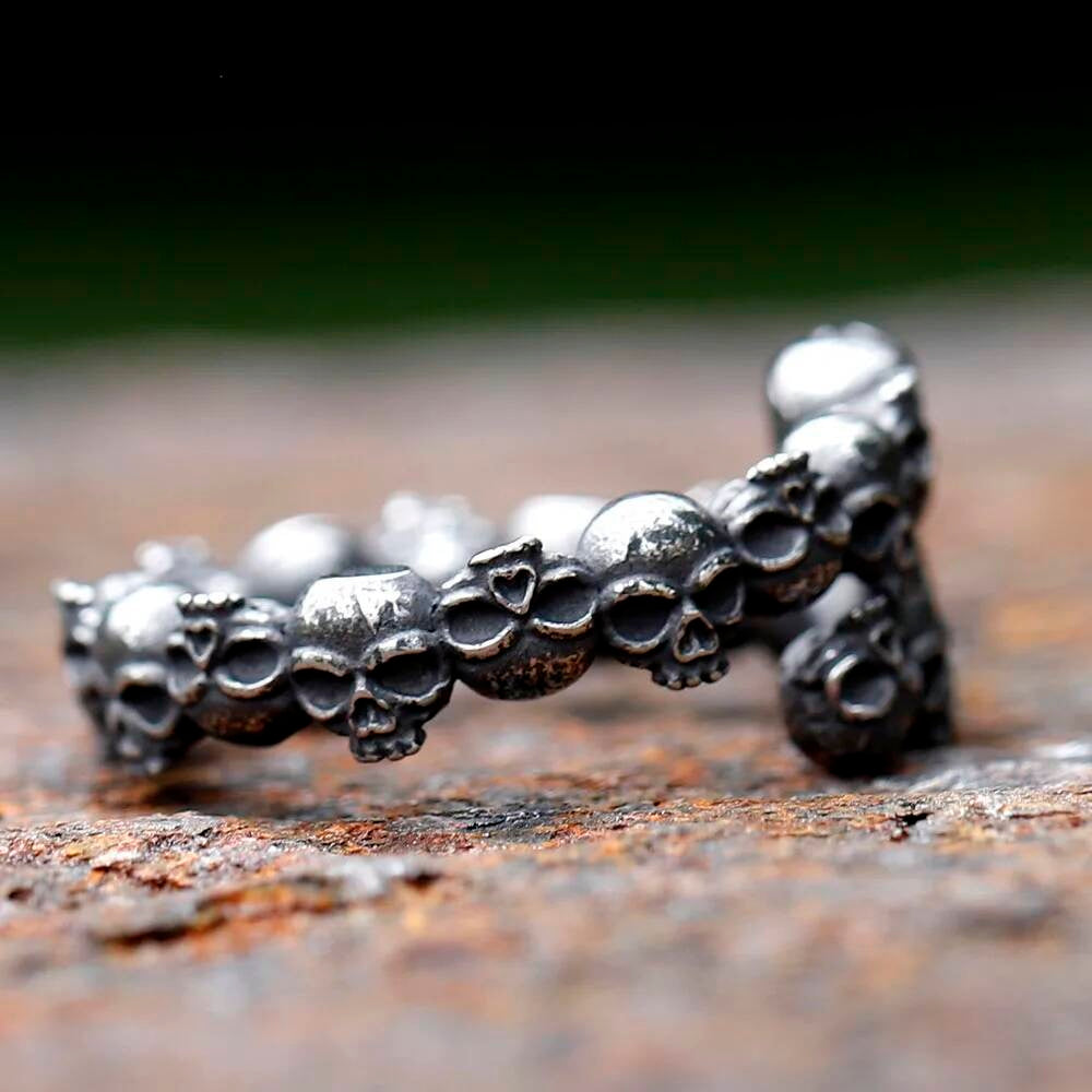 Skull Band Ring – Gothic Stainless Steel Double Row Biker Punk Jewelry