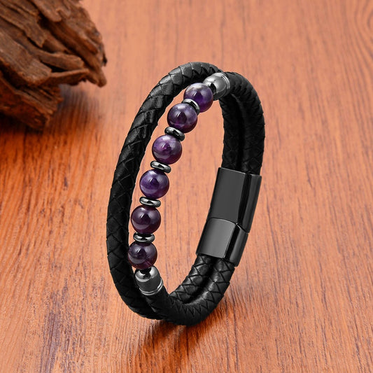 Round Natural Amethysts Stone Beaded Handmade Leather Bracelets for Man Women Trendy Crystal Designer Jewelry Accessories Black-Amethyst