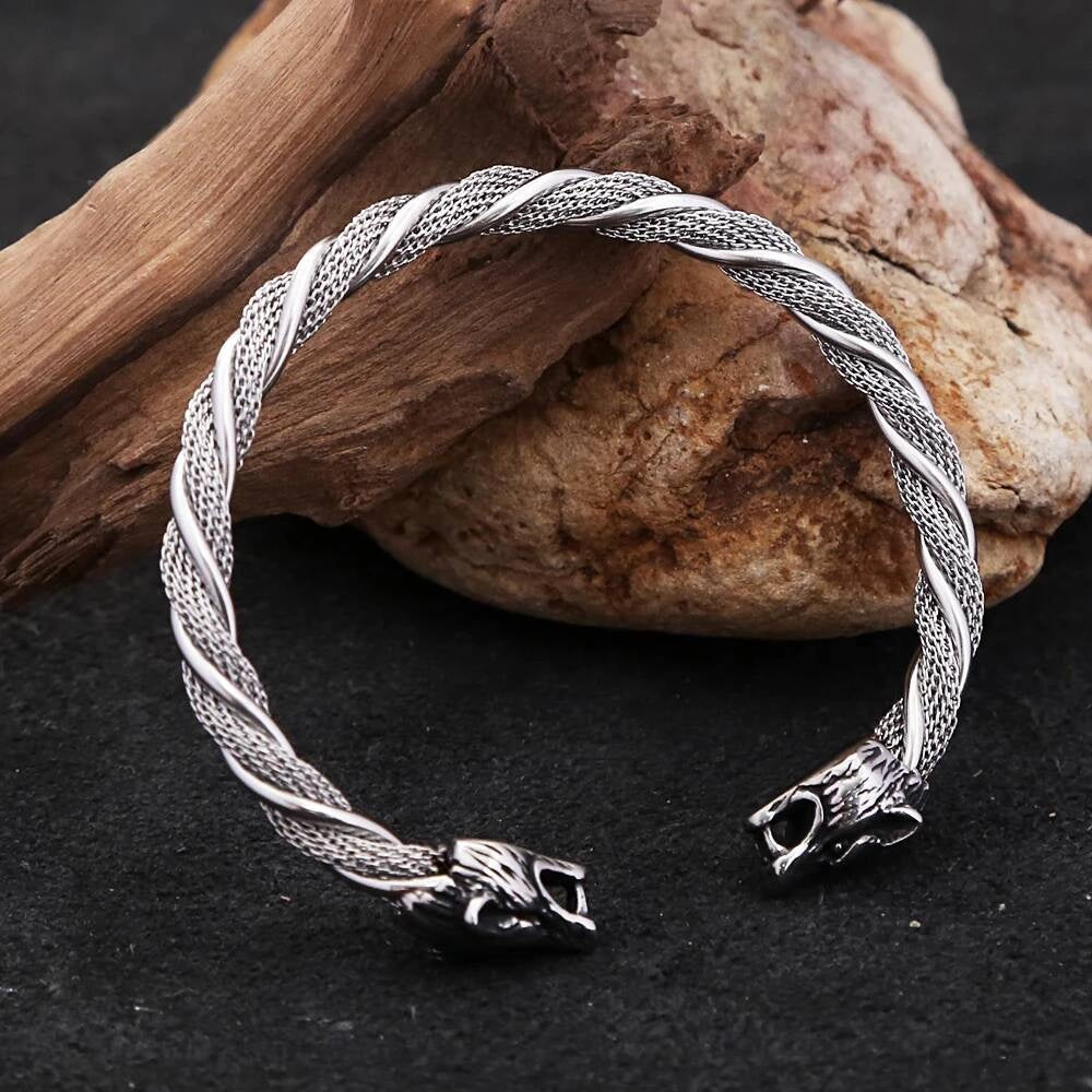Wolf Head Stainless Steel Bangle – Viking Norse Open Cuff Bracelet