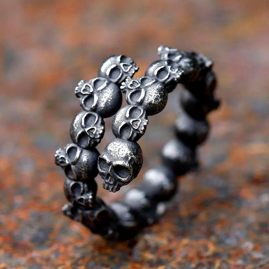 Skull Band Ring – Gothic Stainless Steel Double Row Biker Punk Jewelry 13