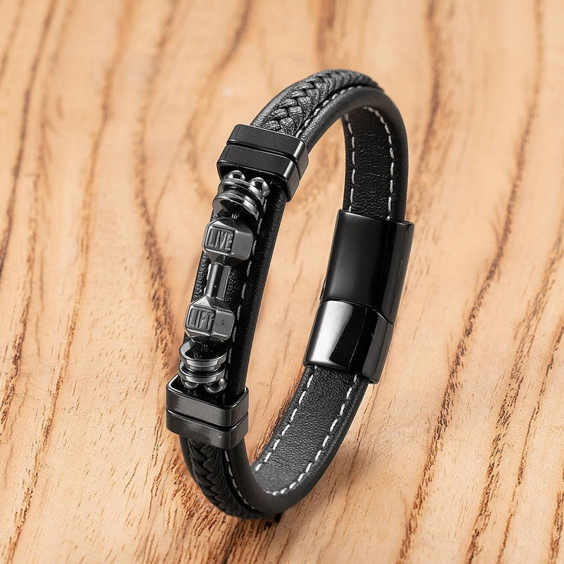 Weave Leather Dumbbell Shape Special Popular Pattern Men's Bracelet for Men Stainless Steel Jewelry Accessories Party Gift Black-B
