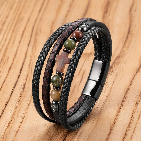 Black Braided Leather Bracelet with Green Jade Beads - Stylish Multi-Layer Magnetic Clasp Jewelry for Casual Wear and Gifts Style-A