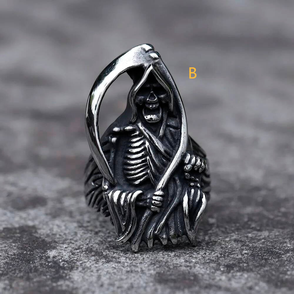 Sickle Caarium Skull Ring - Gothic Stainless Steel Biker Punk Jewelry