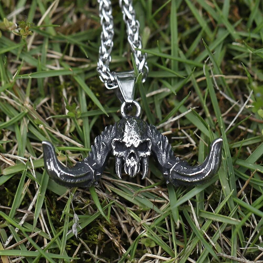 Skull with Horns Pendant Necklace, Gothic Silver Jewelry with Winged Design