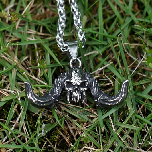 Skull with Horns Pendant Necklace, Gothic Silver Jewelry with Winged Design