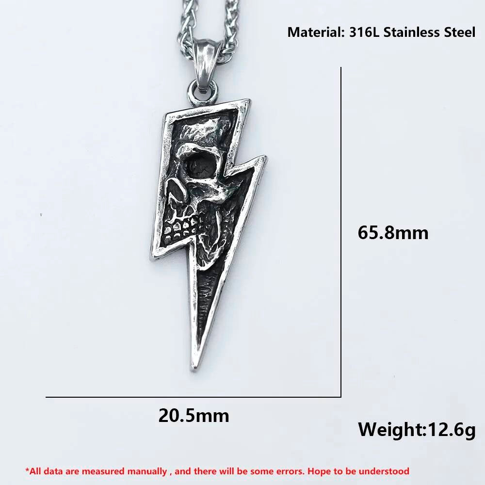 316L Stainless Steel Skull Lightning Pendant Necklace Punk Gothic Jewelry