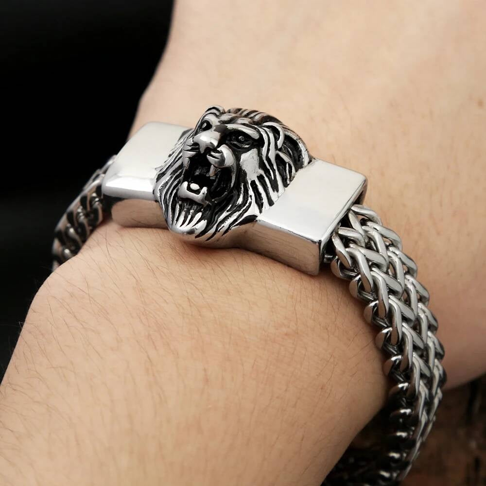 Lion Head Stainless Steel Chain Bracelet – Bold King of the Jungle Jewelry