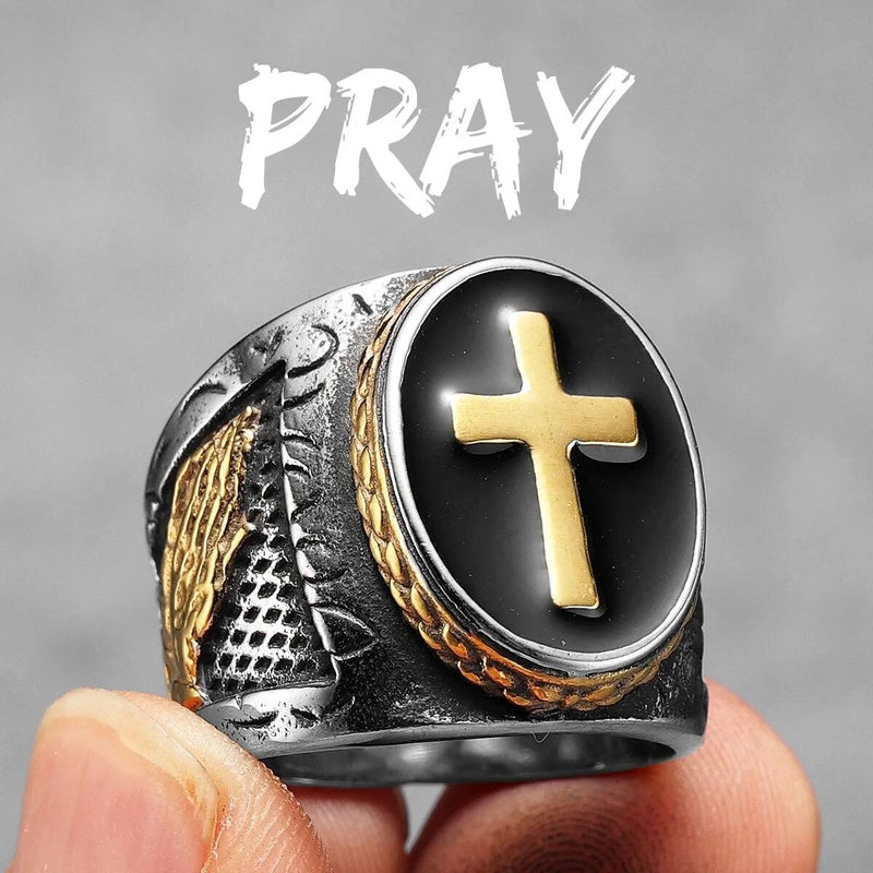 Crusader Cross Ring 316L Stainless Steel Punk Rock Jewelry for Men R1189-Pray
