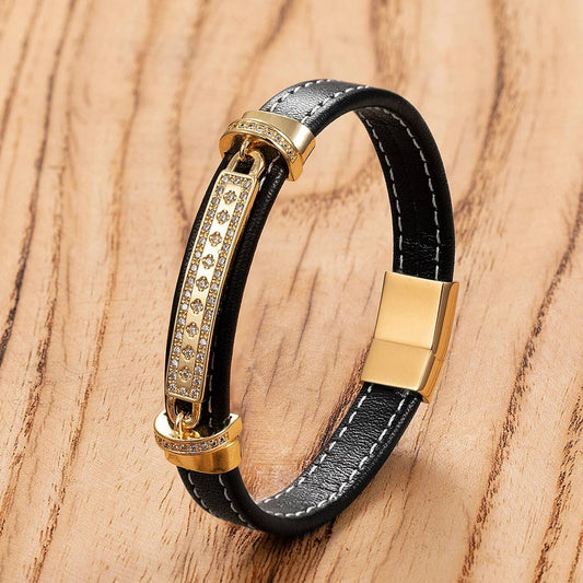 Men's Black Leather Diamond Accent Bracelet for Elegant Gifts Gold-A