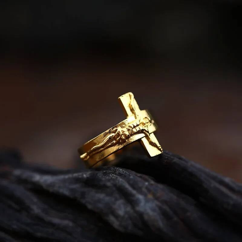 Vintage Jesus Cross Ring – 316L Stainless Steel Punk Faith Band BR8-134 Gold