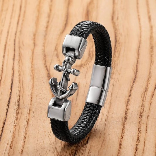 Tide Men Popular Pattern Stainless Steel Anchor Bangles Braided Leather Rope Bracelets Accessories Gift Style-A