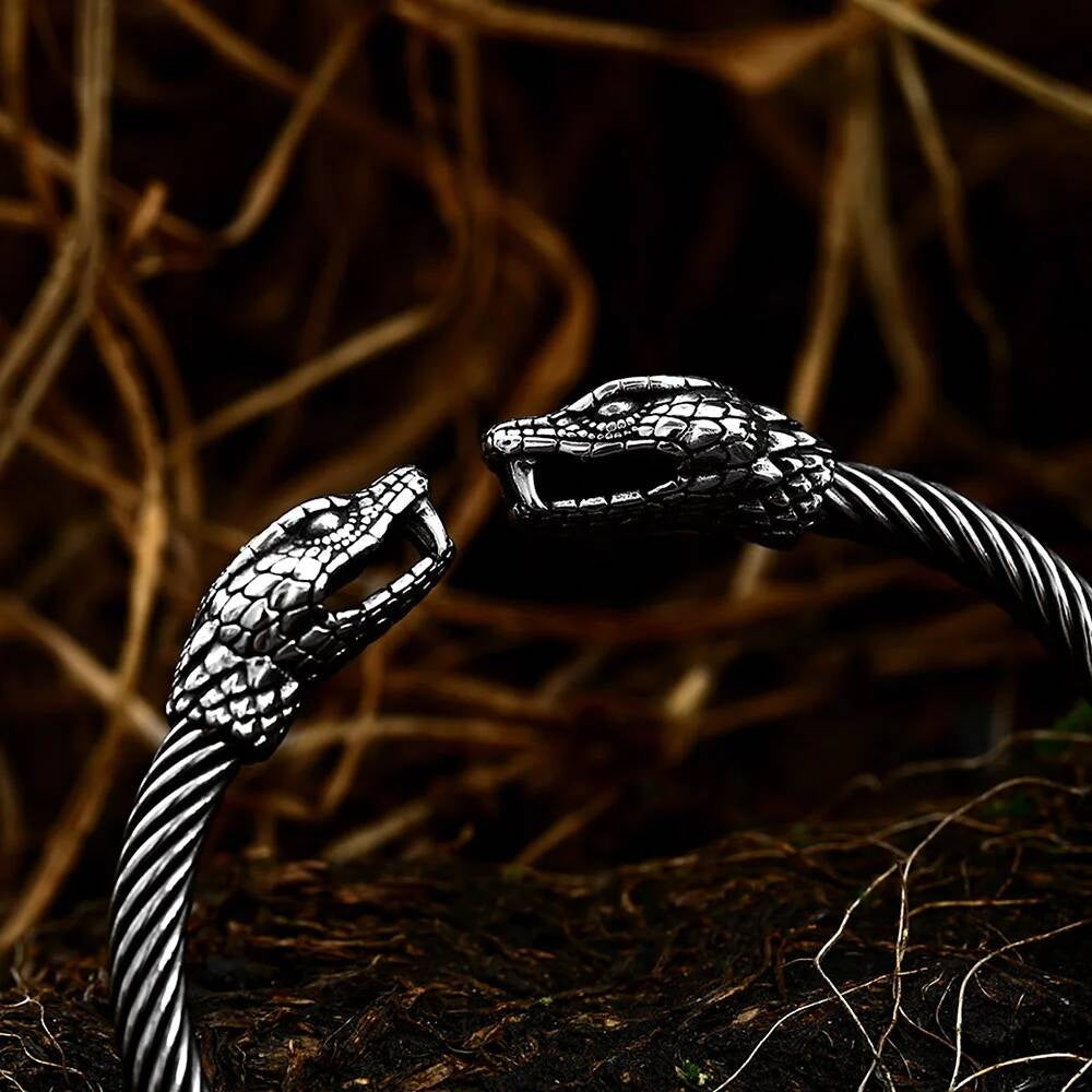 Viking Snake Head Bracelet – Twisted Stainless Steel Norse Bangle
