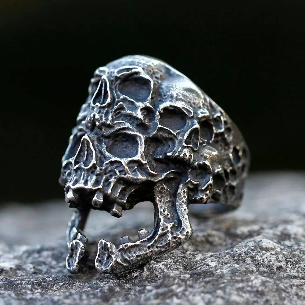 Double Skull Horn Ring - Heavy Stainless Steel Gothic Demon Jewelry