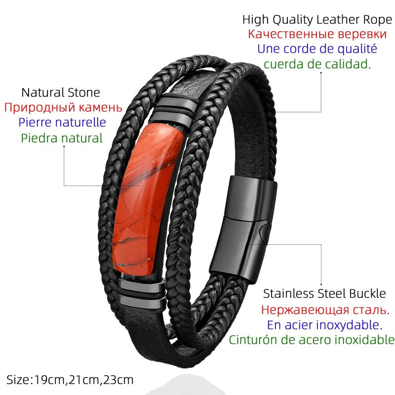 Black Braided Leather Bracelet with Green Jade Beads - Stylish Multi-Layer Magnetic Clasp Jewelry for Casual Wear and Gifts
