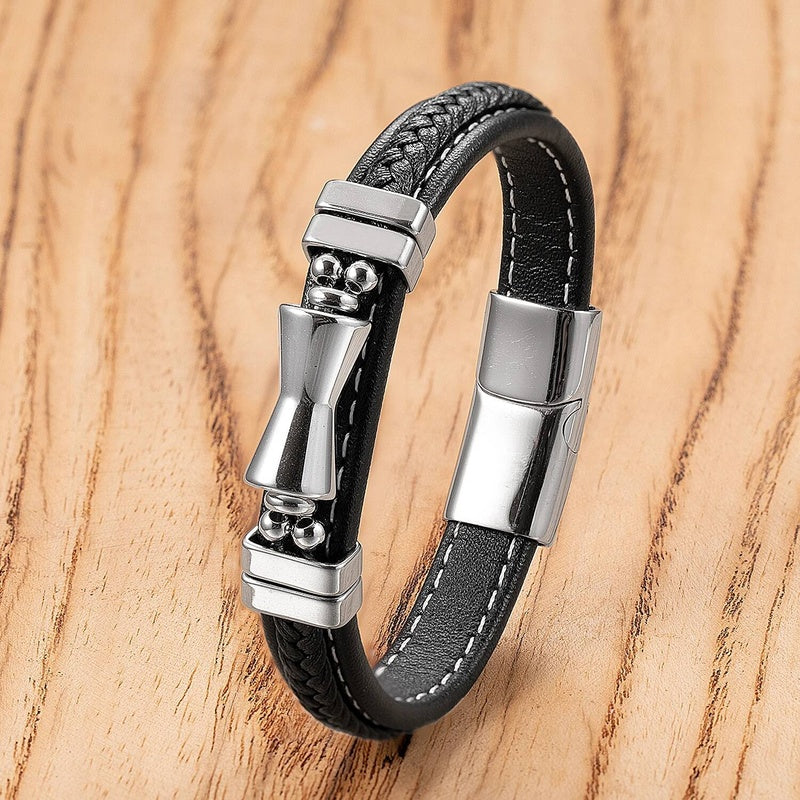 Black Braided Leather Bracelet with Green Jade Beads - Stylish Multi-Layer Magnetic Clasp Jewelry for Casual Wear and Gifts White-B