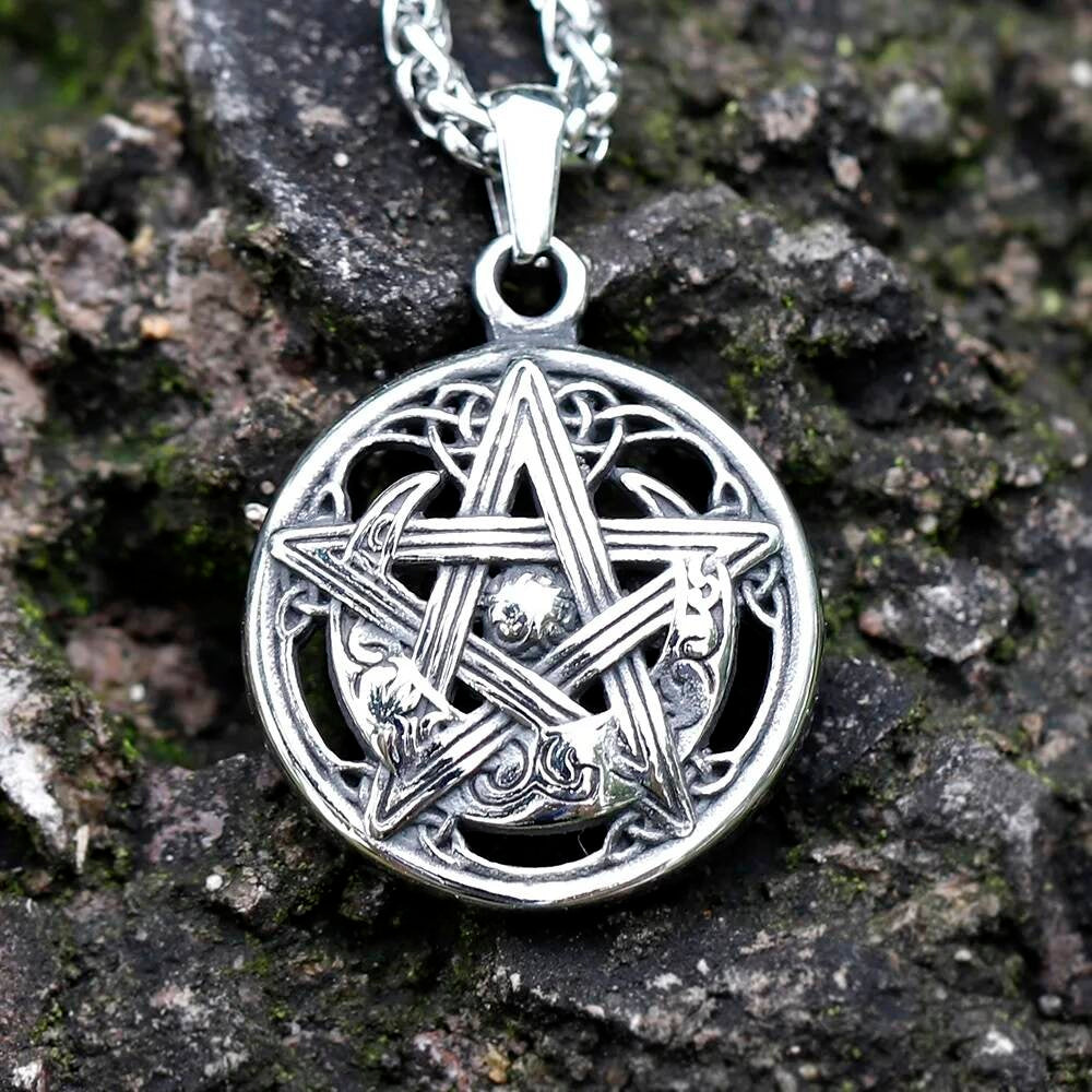Celtic Pentagram Pendant Necklace - Silver Stainless Steel Wicca Jewelry with Intricate Design