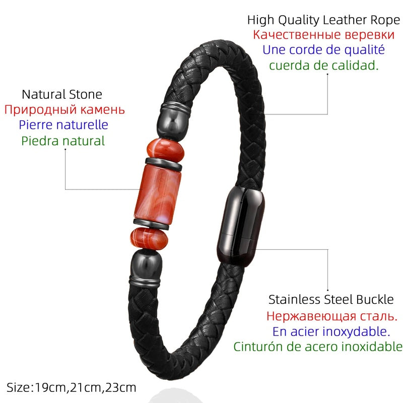 Black Braided Leather Bracelet with Green Jade Beads - Stylish Multi-Layer Magnetic Clasp Jewelry for Casual Wear and Gifts