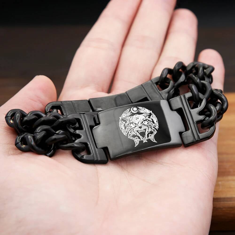 Black Stainless Steel Wolf Head Bracelet – Viking Chain
