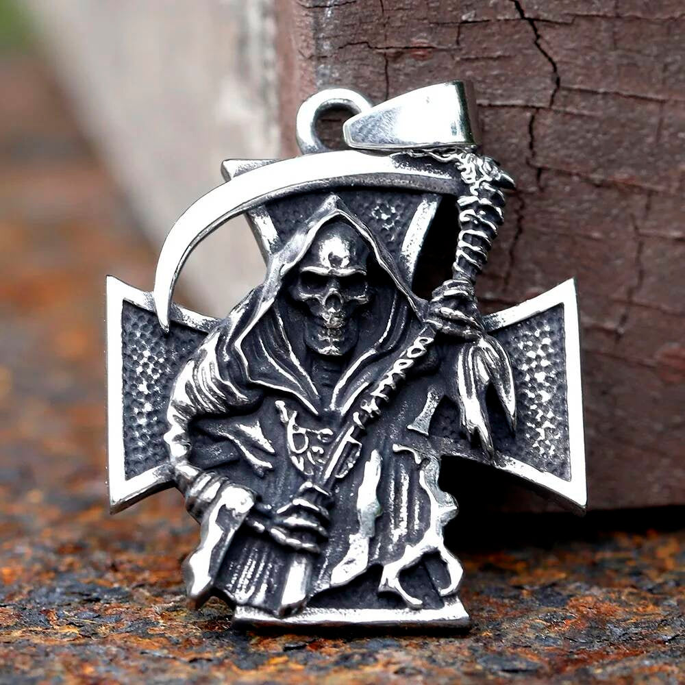 Grim Reaper Pendant Necklace – Stainless Steel Gothic Cross Jewelry