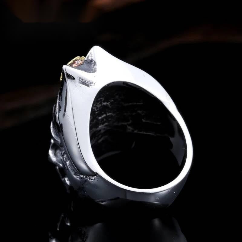 Gothic Skull Ring – Stainless Steel Military Helmet with Gold Cross