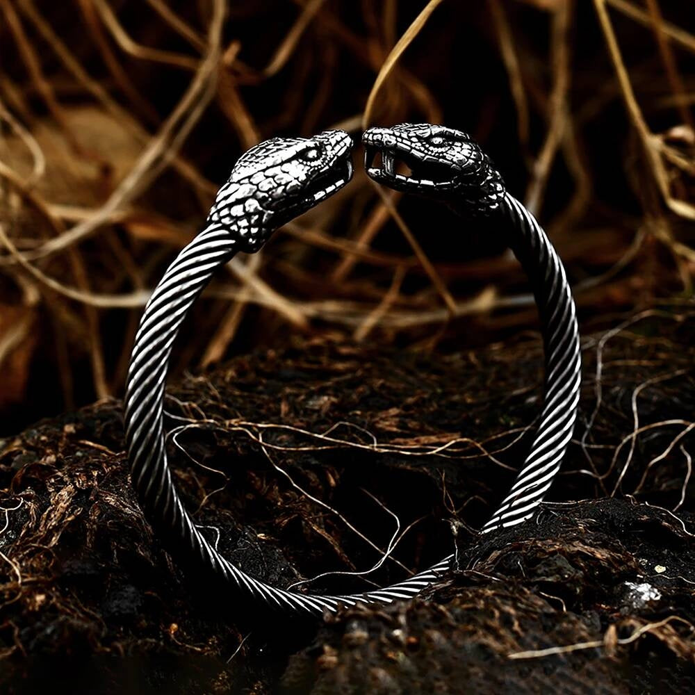 Viking Snake Head Bracelet – Twisted Stainless Steel Norse Bangle