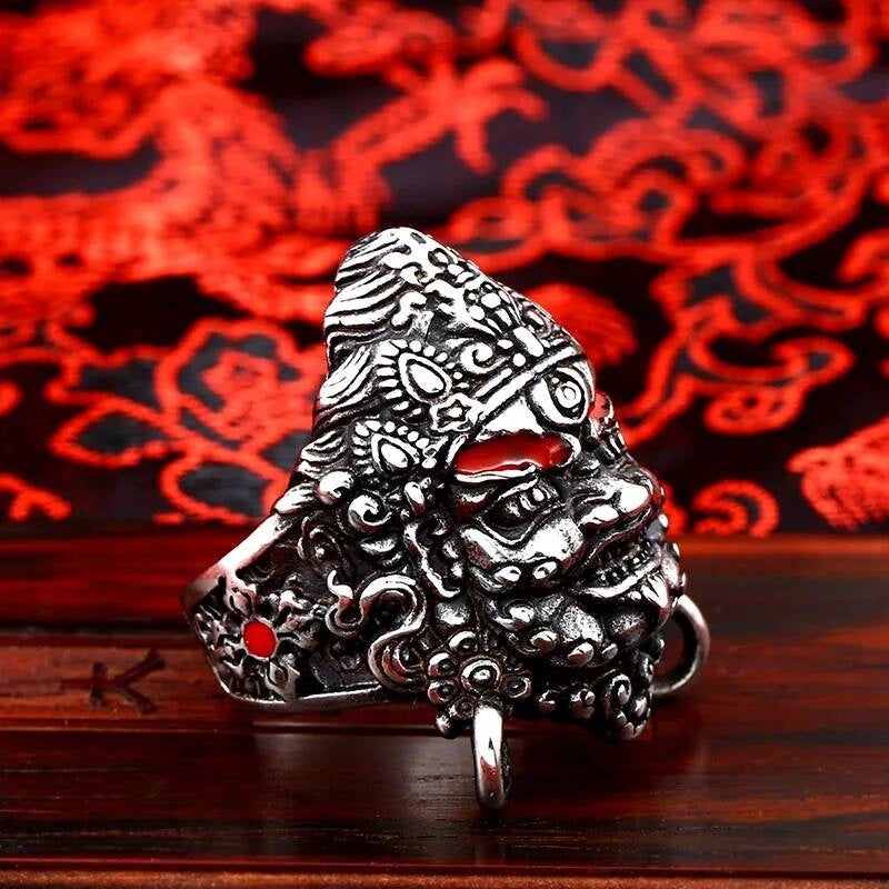 Tibetan Guardian Deity Ring – Stainless Steel Warrior Mask Jewelry