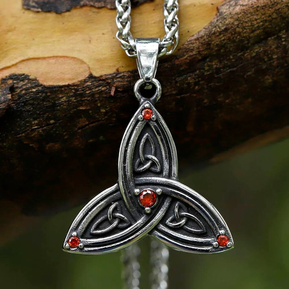 Celtic Triquetra Pendant with Red Stones – Silver Trinity Knot Necklace