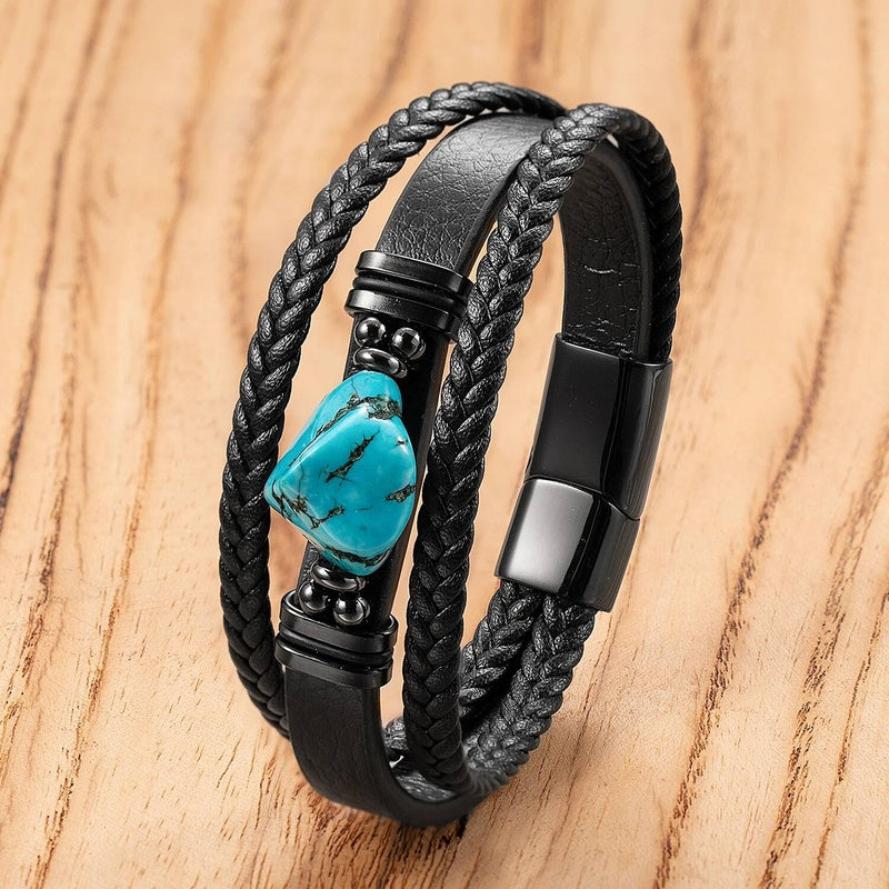 Black Braided Leather Bracelet with Green Jade Beads - Stylish Multi-Layer Magnetic Clasp Jewelry for Casual Wear and Gifts Style-B