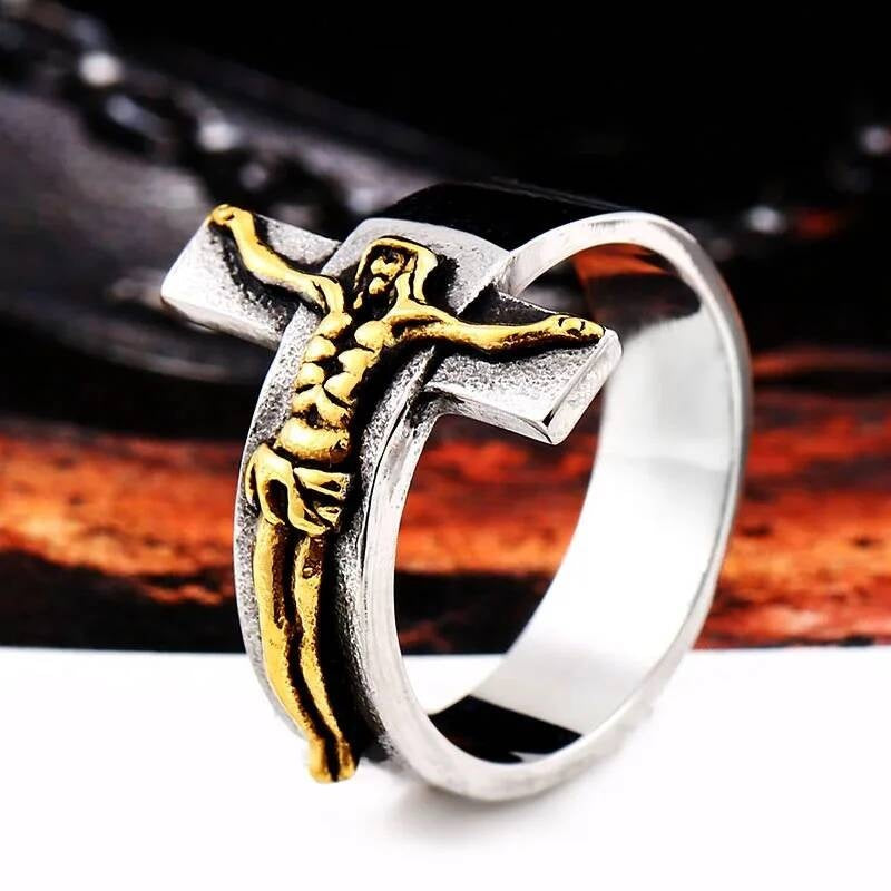 Vintage Jesus Cross Ring – 316L Stainless Steel Punk Faith Band