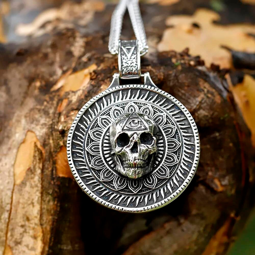 Skull with Eye Pendant Necklace, Silver Gothic Jewelry with Intricate Mandala Design