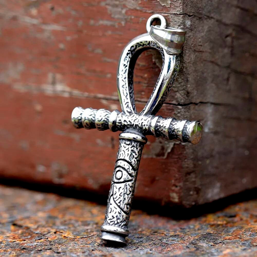 Egyptian Ankh Pendant Necklace - Stainless Steel Ankh Cross with Eye of Horus Symbol