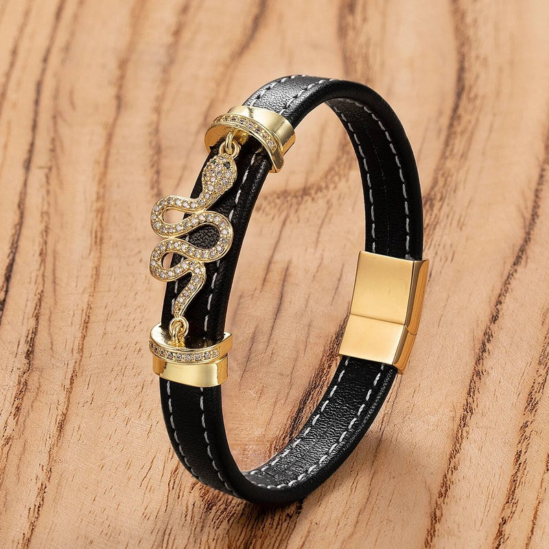 Trendy Leather Men Stainless Steel Pattern Design Braided Rope Bracelets Jewelry Fashion Gift For Him Style-D