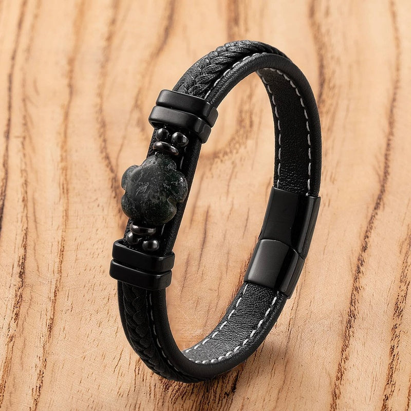 Black Braided Leather Bracelet with Green Jade Beads - Stylish Multi-Layer Magnetic Clasp Jewelry for Casual Wear and Gifts Black-G